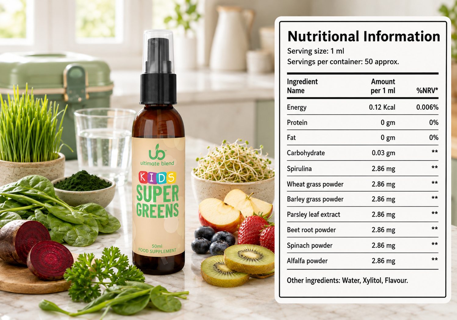 Kids Super Greens ingredients and product visual